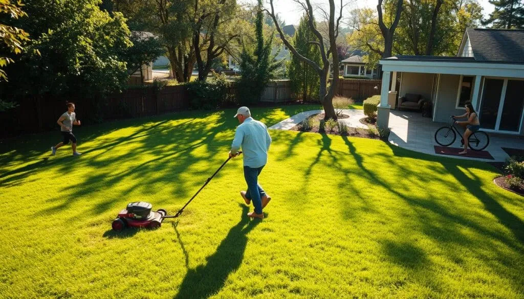 A serene and sun-dappled backyard, with a lush green lawn taking center stage. In the foreground, a person diligently mowing the grass, their movements graceful and efficient. Surrounding them, a visual comparison of various physical activities, each represented by a person engaged in their respective exercise. A jogger in the distance, a cyclist navigating a winding path, and a group of people performing yoga poses on the patio. The lighting is soft and natural, casting warm shadows that highlight the physicality of each activity. The overall scene conveys a sense of balance, inviting the viewer to consider the caloric expenditure and health benefits of lawn mowing in relation to other common forms of exercise.