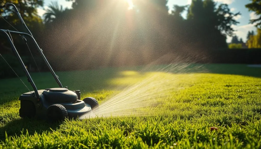 A vibrant, lush green lawn, the soil freshly overseeded, glistening with morning dew. A sprinkler system sprays a gentle, cascading mist across the grass, nourishing the delicate new growth. The sun shines brightly through wispy clouds, casting a warm, golden glow over the scene. In the foreground, a well-maintained lawn mower stands ready, its blades gleaming, waiting to be used once the overseeded grass has had time to establish its roots. The overall atmosphere is one of tranquility and care, a serene setting where the homeowner can observe the progress of their lawn restoration efforts.