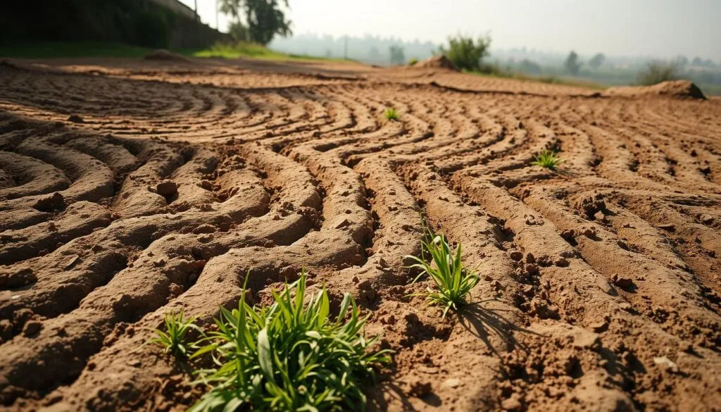 A weathered, compacted soil surface, with distinct ruts and depressions formed by heavy foot or vehicle traffic. The ground appears mottled and slightly discolored, reflecting the disruption to the natural soil structure. Sunlight casts long shadows, accentuating the undulating terrain. In the foreground, clumps of grass and weeds struggle to take root, their growth stunted by the dense, unyielding soil. The background fades into a hazy, overcast sky, conveying a sense of neglect and environmental stress. The overall scene evokes a sense of poor soil health and diminished lawn quality.