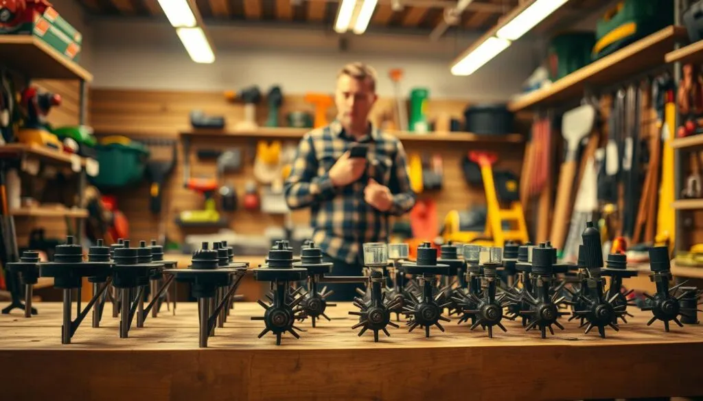 A well-lit indoor scene showcasing the selection of a lawn aerator. In the foreground, an array of various aerator models are displayed on a wooden workbench, their tines and mechanisms visible for close inspection. In the middle ground, a person in casual attire examines the aerators, evaluating their features and suitability for the task at hand. The background features shelves stocked with other lawn care tools and equipment, creating a professional, hardware store-like ambiance. Warm, natural lighting from overhead sources casts a soft, inviting glow on the scene, highlighting the textures and details of the aerators. The overall tone is one of thoughtful consideration, as the person contemplates the best tool for their lawn aeration needs.