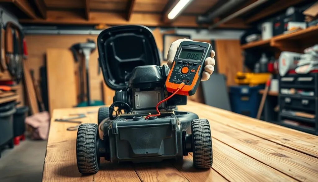 A well-lit workshop interior with a sturdy wooden workbench in the foreground. On the bench, a lawn mower engine rests open, exposing its battery terminals. In the middle ground, hands wearing protective gloves carefully connect a digital multimeter to the battery, measuring its voltage. The background shows shelves of tools and supplies, suggesting a professional, DIY setting. The scene conveys a focused, informative atmosphere, perfect for illustrating the process of testing a lawn mower's battery voltage.