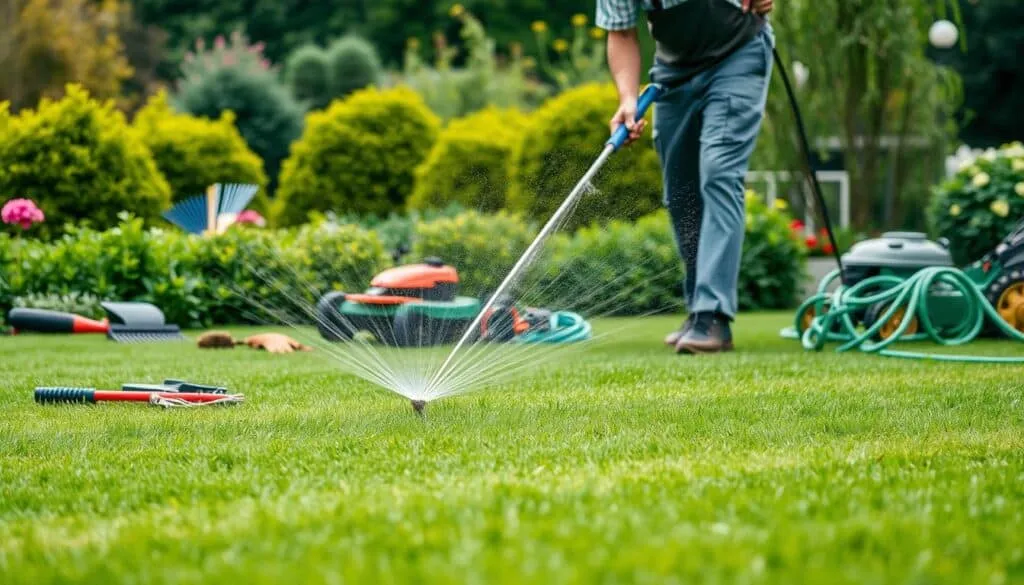 A well-manicured lawn in the foreground, with a gardener carefully watering the grass using a sprinkler system. The middle ground showcases various lawn care tools, such as a lawnmower, rakes, and a hose. In the background, a verdant garden setting with shrubs and trees provides a serene backdrop. The lighting is natural, with soft, even illumination across the scene. The overall mood is one of diligence and attention to detail in maintaining a healthy, thriving lawn. A well-manicured lawn in the foreground, with a gardener carefully watering the grass using a sprinkler system. The middle ground showcases various lawn care tools, such as a lawnmower, rakes, and a hose. In the background, a verdant garden setting with shrubs and trees provides a serene backdrop. The lighting is natural, with soft, even illumination across the scene. The overall mood is one of diligence and attention to detail in maintaining a healthy, thriving lawn.