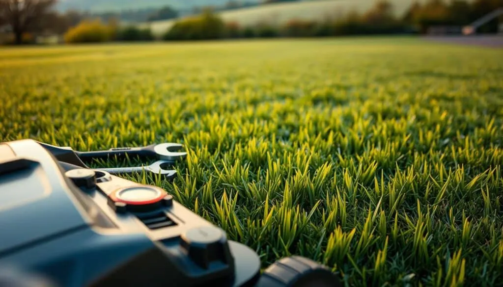 A well-manicured lawn with a crisp, clean cut, the mower settings laid out in a meticulously organized display. In the foreground, a modern push mower with adjustable blades, the height indicator clearly visible. Surrounding it, an array of tools - a wrench, screwdriver, and a small measuring device - hinting at the precision required for optimal lawn care. In the middle ground, lush, verdant grass blades, recently mowed, their tips glistening under the warm, diffused lighting. In the background, a serene, out-of-focus landscape, suggesting the tranquil setting for this lawn maintenance ritual. The overall atmosphere conveys a sense of order, efficiency, and a dedication to achieving the perfect lawn.