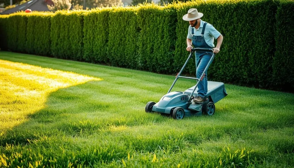 A well-manicured lawn with freshly mowed grass, the blades glistening under the warm afternoon sunlight. A gardener, clad in overalls and a wide-brimmed hat, carefully navigates a modern, electric-powered lawn mower, its quiet motor humming as it effortlessly cuts through the lush, verdant turf. In the distance, a neatly trimmed hedge frames the scene, adding depth and a sense of intentional landscaping. The overall atmosphere conveys a serene, well-maintained outdoor oasis, where the post-fertilization mowing techniques have resulted in a vibrant, healthy lawn.