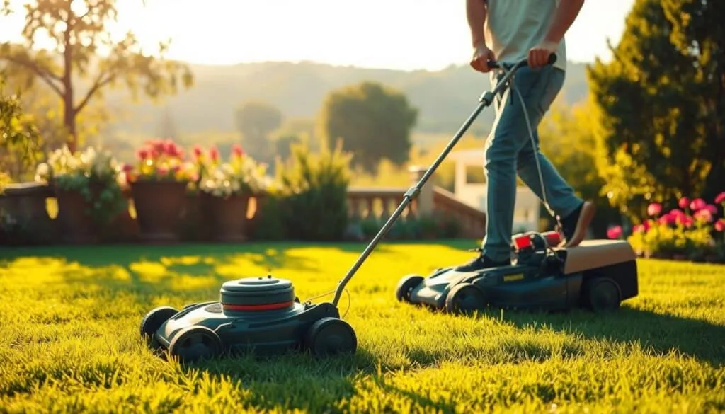 An idyllic backyard scene with a person mowing a lush, verdant lawn on a sunny day. Warm, diffused lighting bathes the scene, casting soft shadows. The mower operator is in the foreground, their posture upright and their stride purposeful, conveying the physical benefits of this activity. In the middle ground, the lawn is neatly trimmed, highlighting the sense of accomplishment and well-being. The background features a picturesque landscape, perhaps with trees, flowers, or a tranquil garden, evoking a peaceful, restorative atmosphere. The overall composition emphasizes the holistic benefits of lawn mowing as a form of exercise - physical, mental, and environmental.