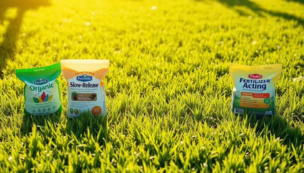 Verdant lawn, sun-dappled and lush, sets the stage. In the foreground, an array of fertilizer bags - organic, slow-release, and quick-acting - stand as testaments to the diverse options. Backlit by a warm, golden glow, the bags cast subtle shadows, inviting closer inspection. The middle ground features meticulously manicured grass, its blades glistening with the promise of nourishment. A crisp, shallow depth of field draws the eye to the focal point, where the fertilizer types are showcased in a visually striking manner. The overall atmosphere is one of thoughtful consideration, guiding the viewer towards the essential decision of when to mow after applying lawn care products.