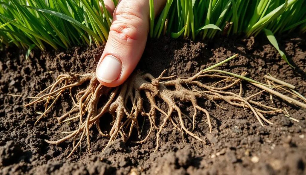 A close-up view of a freshly laid sod lawn, with a person's hand carefully inspecting the root system. The soil is moist and dark, providing a rich, earthy backdrop. The sod's grass blades are lush and vibrant, contrasting with the exposed roots that are beginning to take hold in the new environment. The lighting is natural, with soft, diffused sunlight highlighting the intricate structures of the roots as they spread and establish themselves. The perspective is angled to showcase the depth and progress of the root development, allowing for a comprehensive assessment of the sod's readiness for mowing.