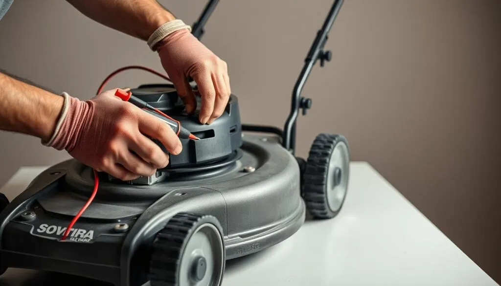 A close-up view of a person's hands carefully inspecting the battery terminals on a lawn mower. The mower is placed on a clean, well-lit workbench against a muted, neutral background. The hands are wearing protective gloves and use a multimeter to test the voltage and connection. The image conveys a sense of diligence and attention to detail, with a focus on the task at hand to ensure the lawn mower is properly maintained and ready for use.