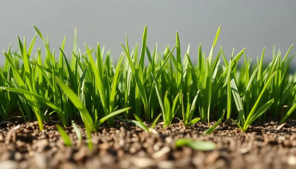 A close-up view of new grass seedlings, their delicate blades just peeking out from the soil. The vibrant green of the grass contrasts against a neutral background, inviting the viewer to focus on the precise measurement of the grass height. Soft, natural lighting illuminates the scene, casting gentle shadows that accentuate the texture and structure of the grass. The camera angle is slightly elevated, providing a clear and detailed perspective on the measurement process. The overall mood is one of precision and attention to detail, reflecting the importance of understanding the right timing for mowing after overseeding.