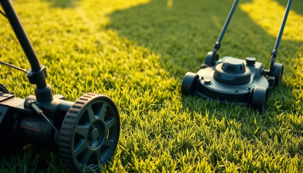 A comparison of a reel mower and a rotary mower on a lush, well-manicured Bermuda grass lawn. In the foreground, a detailed view of the reel mower's blades and its precision cutting mechanism, with the rotary mower's spinning blade visible in the middle ground. The background showcases the uniform, neatly trimmed lawn, highlighting the effectiveness of both mower types. Warm, natural lighting casts soft shadows, emphasizing the textures and contours of the grass. The scene conveys a sense of careful lawn care and the distinct advantages of each mower type for maintaining a healthy Bermuda grass lawn.