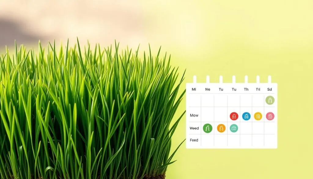 A detailed lawn care timing schedule for mowing and weed feed, presented on a clean, minimalistic background. In the foreground, a well-manicured lawn with lush, vibrant green grass, neatly trimmed to an optimal height. In the middle ground, a calendar grid overlaid with icons representing mowing and weed feed schedules, color-coded for clarity. The background features a soft, blurred gradient in soothing earth tones, creating a sense of balance and professionalism. The lighting is natural and diffused, highlighting the crisp details of the lawn and the legible calendar layout. The overall composition conveys a sense of organization, efficiency, and practical guidance for homeowners seeking to maintain a healthy, well-cared-for lawn.