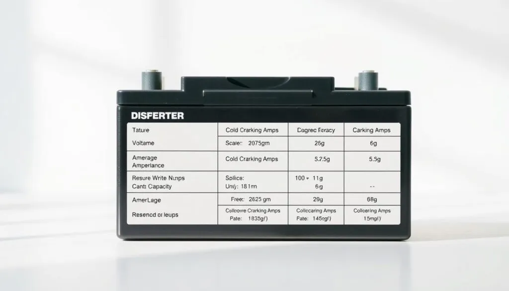 A detailed, technical chart displaying the essential specifications and performance factors of a lawn mower battery. The chart is set against a clean, minimalist background, with a soft, natural lighting that emphasizes the clarity and precision of the information. The chart features a sleek, modern design with clear labeling of key details such as voltage, amperage, reserve capacity, and cold cranking amps. The overall aesthetic is professional and informative, conveying the importance of these technical details for lawn mower owners and maintenance.