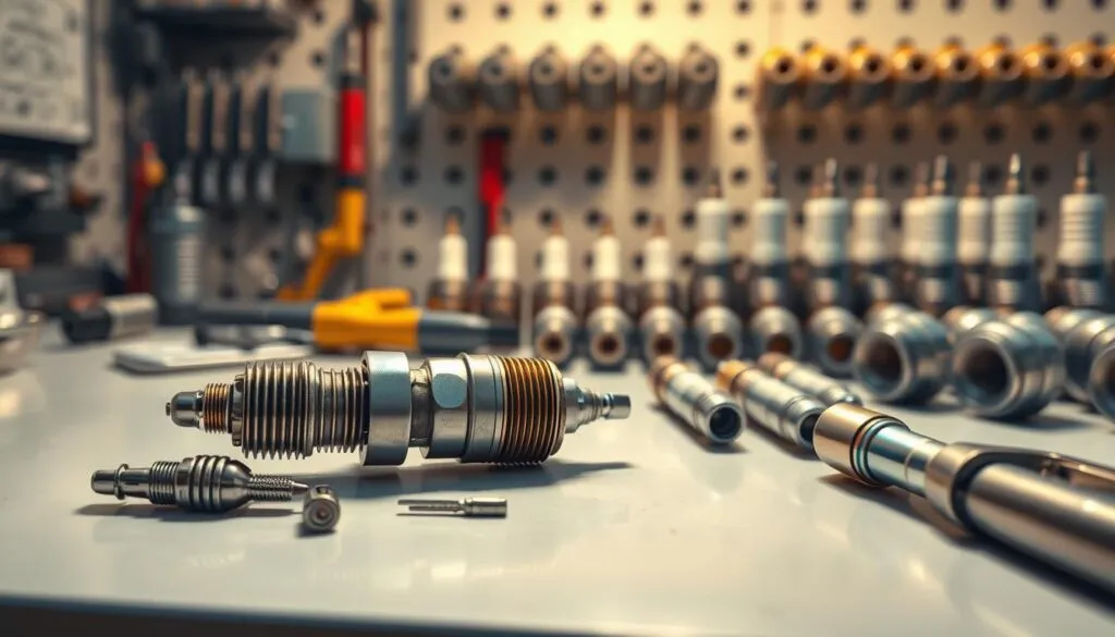 A detailed technical illustration of spark plug maintenance, showcased on a clean, well-lit workbench. In the foreground, a disassembled spark plug, its components laid out methodically. The middle ground features various spark plug maintenance tools, including wire brushes, gapping tools, and a spark plug socket wrench. In the background, an organized array of new spark plugs, highlighting the process of replacement. The scene is bathed in warm, natural lighting, creating a sense of precision and professionalism, suitable for a step-by-step maintenance guide.
