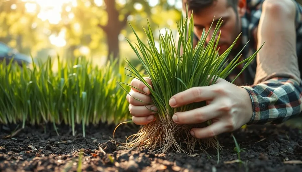 A gardener carefully examines the roots of freshly laid sod, gently separating the grass blades to inspect the network of fibrous roots. The scene is illuminated by warm, natural light filtering through the leaves of surrounding trees, casting soft shadows across the soil. The gardener's focused expression conveys a sense of diligence as they assess the strength and resilience of the sod's root system, a crucial step in determining the optimal mowing schedule for the new lawn.