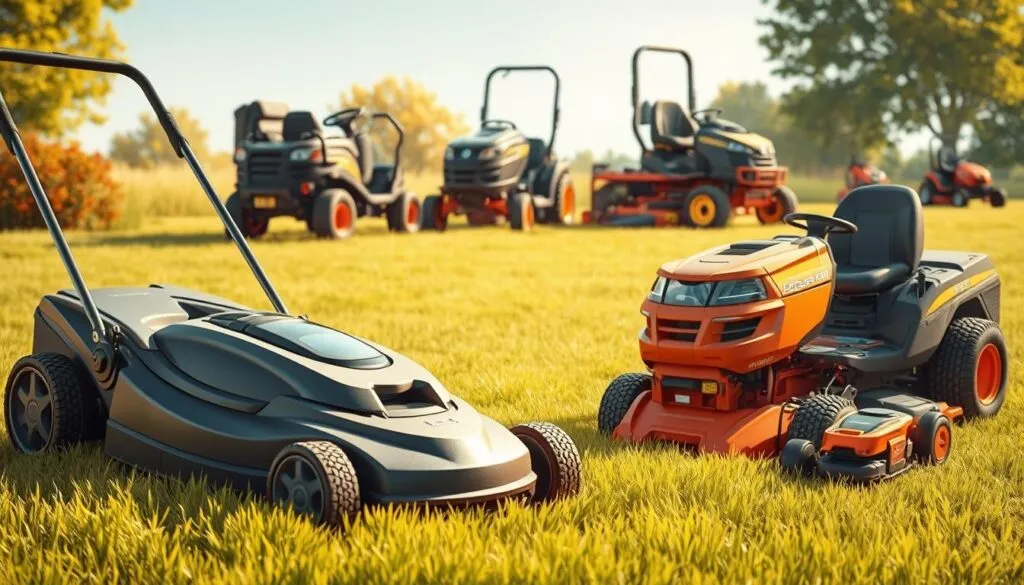 A high-quality, detailed illustration of various essential mower types for efficient lawn care, arranged in a well-composed scene. In the foreground, a classic push lawn mower and a robotic autonomous mower side by side, their sleek designs and precise mechanisms prominently featured. In the middle ground, a powerful ride-on mower and a compact electric mower, showcasing their versatility and maneuverability. In the background, a large commercial zero-turn mower and a small hover mower, demonstrating the diverse range of lawn maintenance equipment. The scene is illuminated by warm, natural sunlight, casting soft shadows and highlighting the textures and materials of the mowers. The overall mood is one of professionalism, efficiency, and a focus on the essential tools for well-maintained lawns.