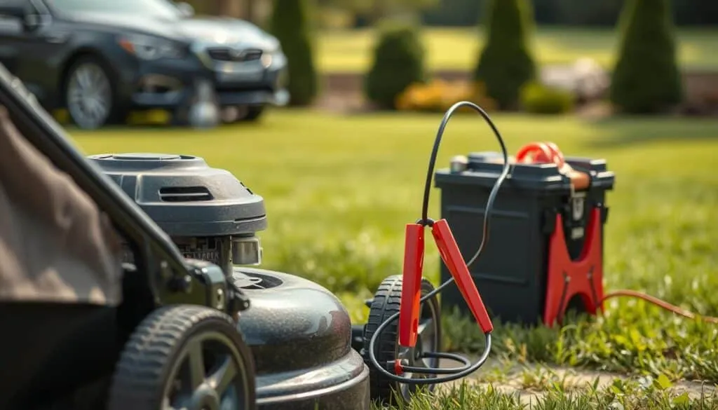 A high-resolution image of a properly connected lawn mower to a car battery using jumper cables. The mower is positioned in the foreground, with the car in the middle-ground and a well-manicured lawn in the background. The jumper cables are neatly and securely attached, with the positive and negative terminals clearly visible. The lighting is natural, with soft shadows highlighting the contours of the equipment. The overall scene conveys a sense of order, attention to detail, and safety. The camera angle is slightly elevated, providing a clear view of the connection process.