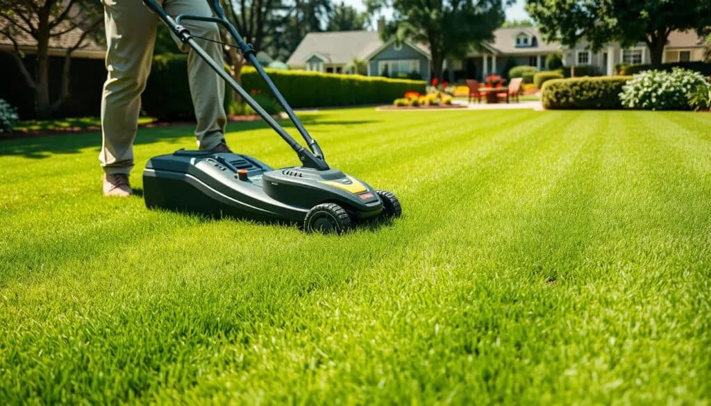 A lush, freshly laid sod lawn in natural daylight. In the foreground, a person in casual attire carefully mowing the grass with a modern, cordless electric lawn mower, maintaining an even, uniform cutting height. The mower's blades glide effortlessly through the soft, green turf, leaving behind perfectly parallel stripes. In the middle ground, the newly established sod shows vibrant, healthy growth, with individual grass blades standing upright. In the background, a picturesque suburban setting with mature trees and a well-maintained garden. The scene conveys a sense of tranquility, attention to detail, and the importance of proper mowing techniques for the successful establishment of new sod.