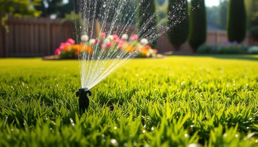 A lush, freshly overseeded lawn glistens in the afternoon sunlight, with water droplets sparkling on the newly sprouted grass. In the foreground, a lawn sprinkler system sprays a gentle mist over the verdant carpet, nourishing the delicate seedlings. The middle ground features a well-tended garden bed, its vibrant flowers and foliage providing a colorful contrast. In the background, a wooden fence and a few towering trees frame the scene, creating a sense of depth and tranquility. The overall atmosphere is one of care and renewal, as the homeowner diligently tends to the post-overseeding needs of their thriving lawn.