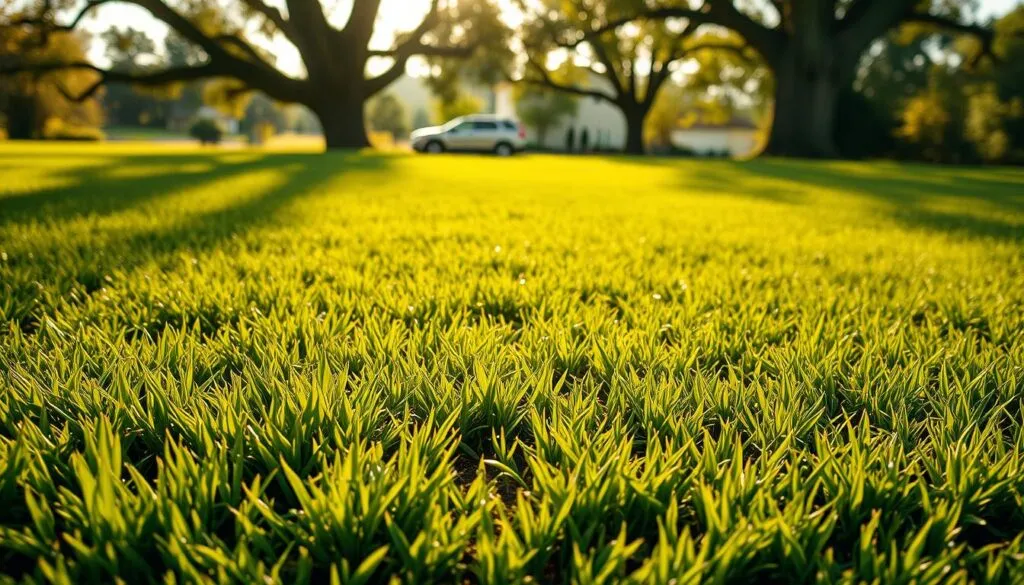 A lush, freshly seeded lawn stands in contrast to an established sod patch. In the foreground, delicate grass sprouts emerge from the soil, their vibrant green hues glistening under warm, golden sunlight. The middle ground showcases the mature sod, its thick, verdant blades creating a seamless carpet of lawn. Subtle undulations in the terrain accentuate the visual distinction between the two growth stages. In the background, a picturesque landscape unfolds, with towering trees casting soft, dappled shadows across the scene. The overall atmosphere conveys a sense of tranquility and the natural progression of a thriving outdoor space. A Sony A7R IV camera with a 24-70mm lens captures this botanical narrative in crisp, high-resolution detail.