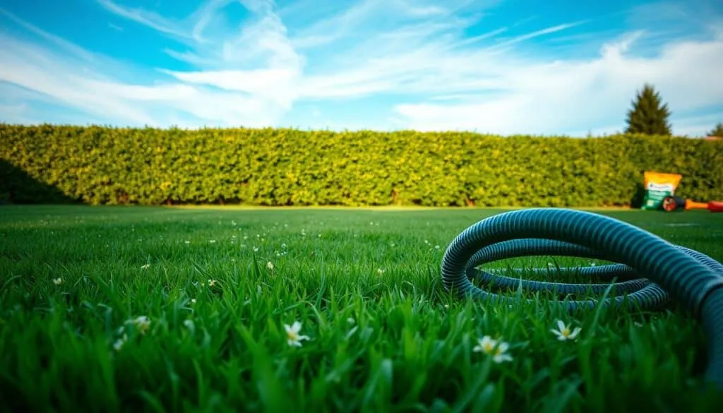 A lush green lawn after mowing, with freshly cut grass clippings scattered across the surface. In the foreground, a garden hose coiled neatly, ready to water the lawn. In the middle ground, a garden rake and a small bag of fertilizer, indicating post-mowing maintenance tasks. The background features a well-trimmed hedge and a vibrant blue sky with wispy clouds, creating a serene, picturesque scene. The lighting is soft and diffused, highlighting the rich, verdant hues of the lawn. The camera angle is slightly elevated, capturing a comprehensive view of the post-mowing lawn care activities.