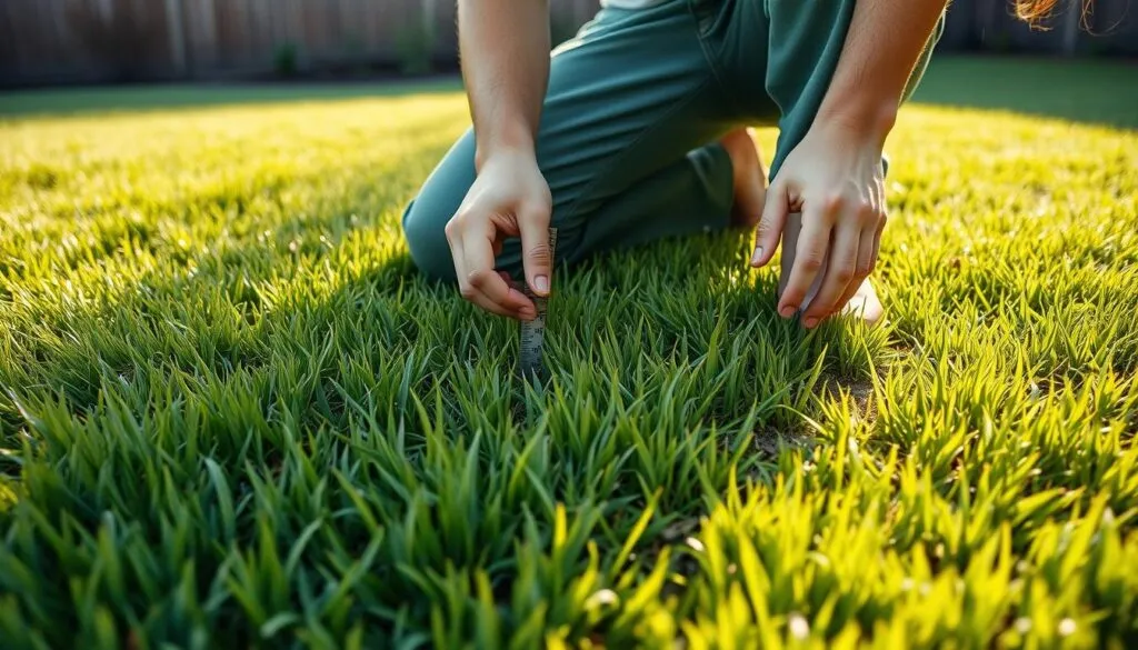 A lush, green lawn after overseeding, with a person in casual attire kneeling down and carefully measuring the height of the new grass using a ruler. The scene is illuminated by warm, natural sunlight, casting soft shadows and highlighting the vibrant hues of the freshly grown blades. The foreground focuses on the measurement process, while the background subtly suggests a well-maintained backyard setting, potentially with a few small garden features or a fence in the distance. The overall mood is one of diligence, care, and the satisfaction of nurturing a healthy, thriving lawn.