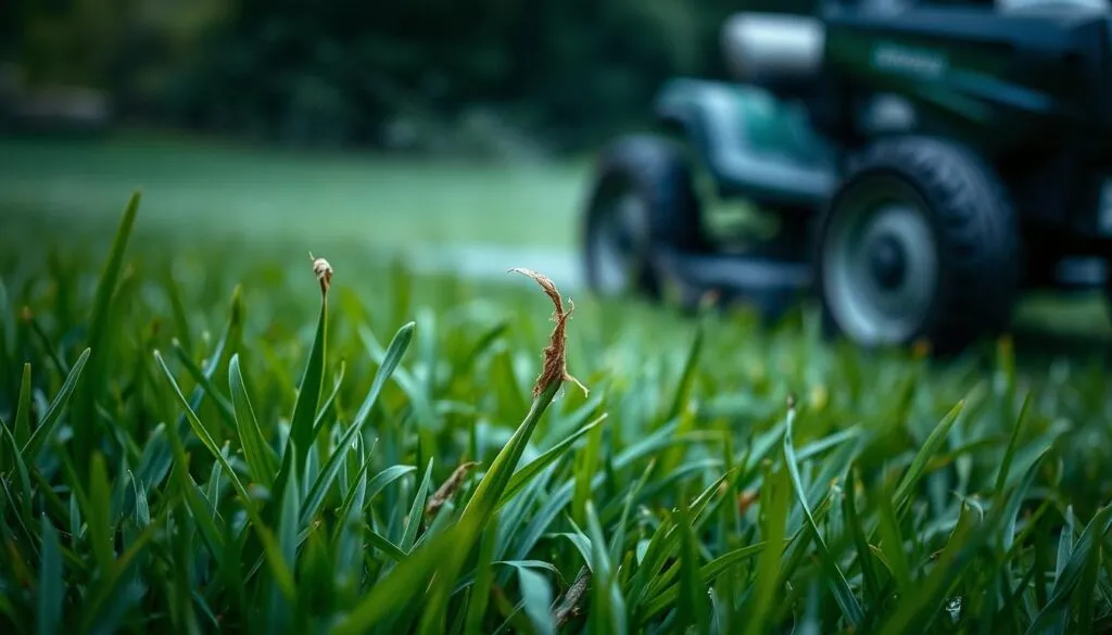 A lush green lawn, its blades glistening with moisture after a recent rain. In the foreground, a close-up view of a single blade of grass, its tips tattered and frayed, a clear indication of the risks of mowing in wet conditions. The background reveals a riding lawn mower, its blades spinning, kicking up a spray of water and clippings, a harbinger of potential damage to the lawn. The lighting is soft and diffused, creating a sense of melancholy and contemplation. The overall composition conveys the delicate balance between the desire to maintain a well-groomed lawn and the need to respect the natural cycles of growth and weather.
