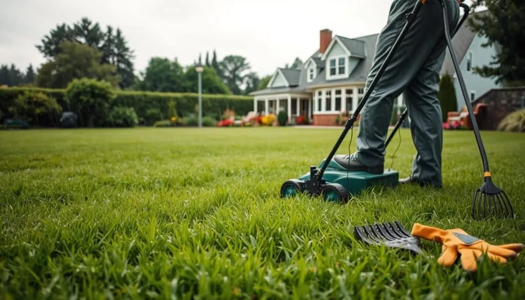A lush green lawn under a cloudy sky, light rain gently falling. In the foreground, a person in rain gear mowing the damp grass with a push mower, carefully navigating around wet patches. The mower leaves behind neat, evenly-trimmed grass, while water droplets glisten on the freshly cut blades. In the middle ground, various lawn care tools like a rake and gardening gloves are neatly arranged, suggesting a thoughtful, methodical approach. The background features a well-maintained house with a picturesque garden, hinting at the broader context of a well-tended outdoor space. Soft, diffused lighting creates a peaceful, contemplative atmosphere, emphasizing the practical yet rewarding nature of mowing in the rain.