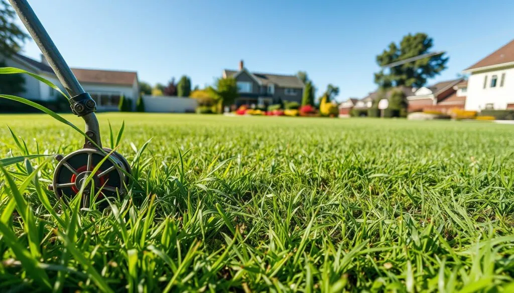 A lush green lawn with an ongoing aeration process, captured in a detailed high-resolution photograph. In the foreground, a lawn aerator machine with metal tines is punching small holes into the soil, exposing the roots to air and water. Surrounding the machine, blades of grass sway gently in a soft breeze. In the middle ground, the freshly aerated lawn stretches out, revealing a textured pattern of perforations. The background features a picturesque suburban setting, with a well-manicured garden and a clear blue sky overhead, illuminated by natural, diffused lighting that casts long shadows across the scene.