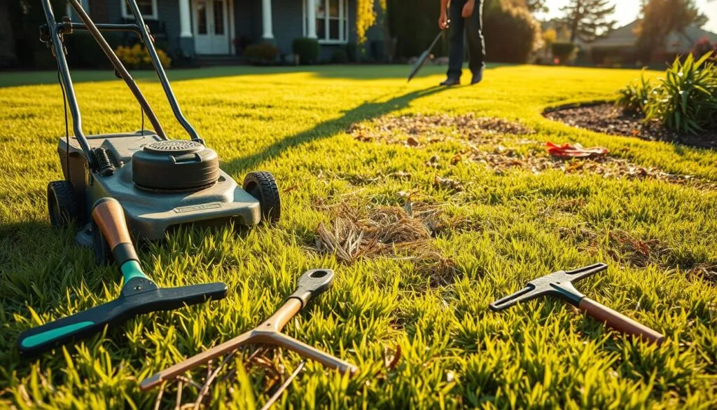 A lush lawn with vibrant green grass, marred by patches of lifeless, brown dead grass. In the foreground, a sturdy push lawn mower stands ready, its blades gleaming under the warm, golden sunlight. Surrounding it, various tools - a rake, a dethatching tool, and a pair of gardening gloves - await their purpose. In the middle ground, the homeowner carefully navigates the lawn, meticulously removing the dead grass, revealing the healthy, verdant carpet beneath. The background showcases a well-manicured garden, with thriving plants and a picturesque backdrop of a classic suburban home. The overall scene conveys a sense of diligence, determination, and the satisfaction of a well-maintained lawn. A lush lawn with vibrant green grass, marred by patches of lifeless, brown dead grass. In the foreground, a sturdy push lawn mower stands ready, its blades gleaming under the warm, golden sunlight. Surrounding it, various tools - a rake, a dethatching tool, and a pair of gardening gloves - await their purpose. In the middle ground, the homeowner carefully navigates the lawn, meticulously removing the dead grass, revealing the healthy, verdant carpet beneath. The background showcases a well-manicured garden, with thriving plants and a picturesque backdrop of a classic suburban home. The overall scene conveys a sense of diligence, determination, and the satisfaction of a well-maintained lawn.