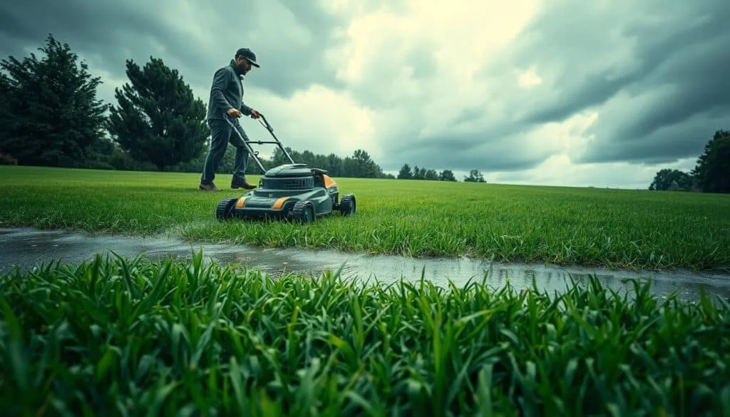 A lush, rain-soaked lawn stretches across the frame, the grass blades glistening with droplets. In the foreground, an electric lawn mower navigates the slick surface, its wheels slipping and sliding precariously. Ominous storm clouds loom in the distance, casting a moody, foreboding atmosphere. The operator, clad in rain gear, appears wary and cautious, understanding the heightened risks of this task. Pools of water dot the ground, creating hazardous conditions that could lead to electric shocks, loss of traction, and potential injury. The image conveys the tension and challenges of attempting to mow a wet lawn, highlighting the need for extra precautions and vigilance.