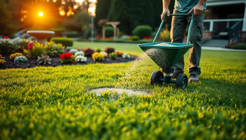 A lush, verdant lawn in the foreground, with a gardener meticulously spreading granular fertilizer across the grass using a handheld spreader. The mid-ground features a well-manicured garden, hinting at the care and attention given to the surrounding landscape. In the background, a warm, golden-hued sunset casts a gentle glow, evoking a sense of tranquility and the importance of timing in lawn care. The scene is captured with a shallow depth of field, emphasizing the focus on the fertilizer application process. Soft, diffused lighting illuminates the scene, creating a balanced and natural ambiance.