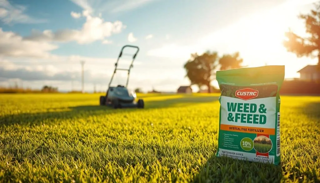 A lush, verdant lawn stretches out, its blades freshly trimmed by a modern, electric lawn mower. The mower's sleek, silver body glides effortlessly over the even terrain, leaving behind a neatly manicured surface. Warm, golden sunlight filters through wispy clouds, casting a soft, natural glow over the scene. In the foreground, a bag of weed and feed fertilizer stands ready, its label prominently displayed, signaling the next step in the lawn care process. The overall atmosphere is one of orderly, well-tended outdoor beauty, conveying the importance of proper lawn maintenance before applying the weed and feed treatment.