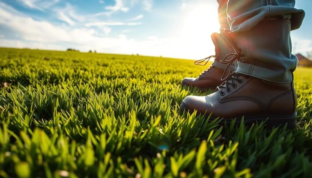 A lush, verdant lawn stretches out, its fresh sod gently undulating in the afternoon breeze. In the foreground, a pair of sturdy boots press down, testing the stability and resilience of the newly laid turf. Sunlight filters through wispy clouds, casting a warm, natural glow over the scene. The camera captures the moment at a low angle, emphasizing the texture and hue of the sod, as well as the careful examination of its integrity. This image aims to illustrate the crucial steps involved in assessing the readiness of new sod for its first mowing, a key milestone in the establishment of a healthy, thriving lawn.