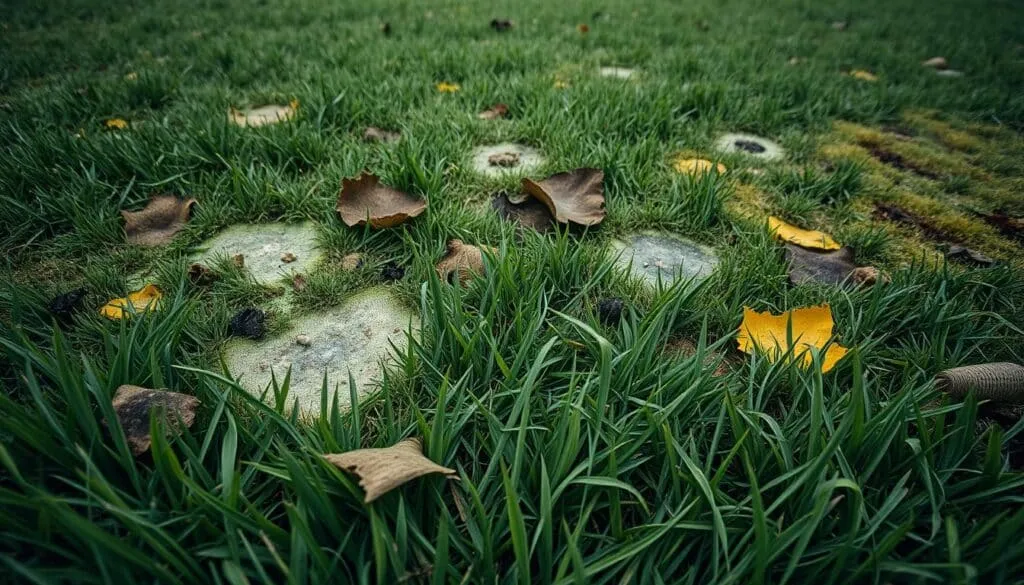 A lush, verdant lawn transitioning into unsightly, discolored patches. Close-up views of diverse fungal growths, bacterial infections, and insect damage, each with its distinctive textures and hues. The foreground reveals wilted, yellowing blades contrasted against the healthy, emerald-toned grass in the middle ground. Muted, overcast lighting casts a gloomy atmosphere, highlighting the detrimental effects of wet conditions on the lawn's once-pristine appearance. Captured through a wide-angle lens, the overall scene conveys the visual impact of lawn diseases, aligning with the article's focus on the consequences of mowing in the rain.