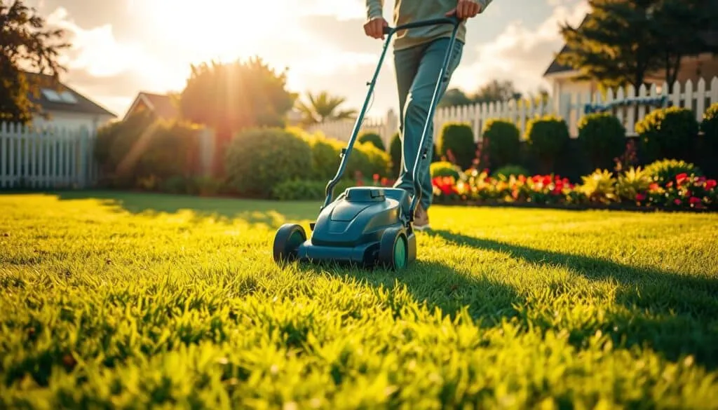 A lush, verdant lawn with freshly laid sod, illuminated by warm, golden sunlight filtering through wispy clouds. In the foreground, a person diligently mowing the lawn, pushing a well-maintained, propeller-style lawn mower with precise, measured strokes. The mower's blades glide effortlessly through the soft, vibrant grass, leaving a neat, even pattern in its wake. The background features a picturesque suburban setting, with neatly trimmed hedges, a picket fence, and a well-manicured garden in the distance. The overall scene conveys a sense of tranquility, efficiency, and the pride of a newly established, healthy lawn.