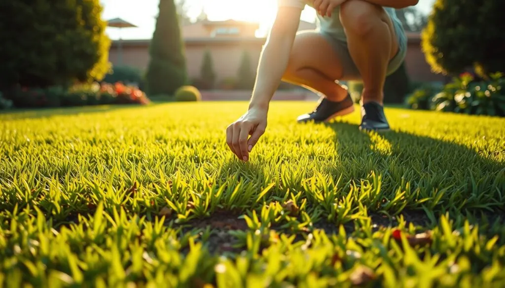 A lush, verdant lawn with freshly laid sod takes center stage. In the foreground, a person in casual attire kneels down, gently pressing their fingers into the soil to assess its readiness for mowing. The scene is bathed in warm, golden sunlight, casting soft shadows and highlighting the vibrant green hues of the grass. In the background, a well-manicured garden frames the scene, creating a sense of harmony and tranquility. The image conveys a serene, contemplative mood, as the person carefully examines the new sod, evaluating its progress towards a healthy, thriving lawn.