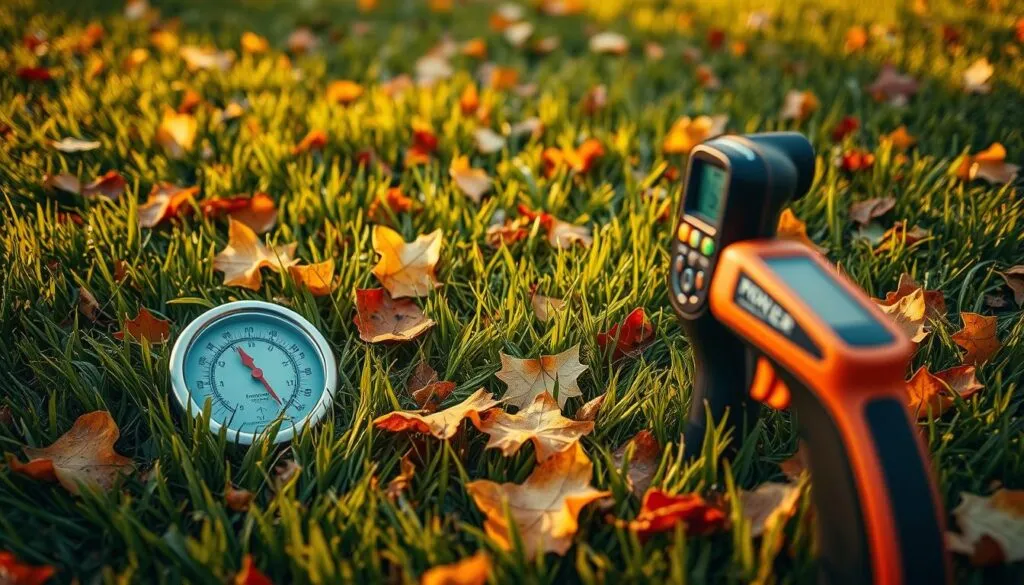 A lush, vibrant lawn in the golden hues of autumn, with fallen leaves scattered across the surface. In the foreground, various temperature indicators emerge - a traditional mercury thermometer nestled among the grass, a digital display showcasing the crisp, cooler readings, and a carefully placed infrared thermometer capturing the ground's surface temperature. The lighting is soft and diffused, creating a warm, contemplative atmosphere as the scene hints at the waning days of the mowing season. Captured from a low angle, the image invites the viewer to pause and reflect on the subtle signs that signal the transition into winter.