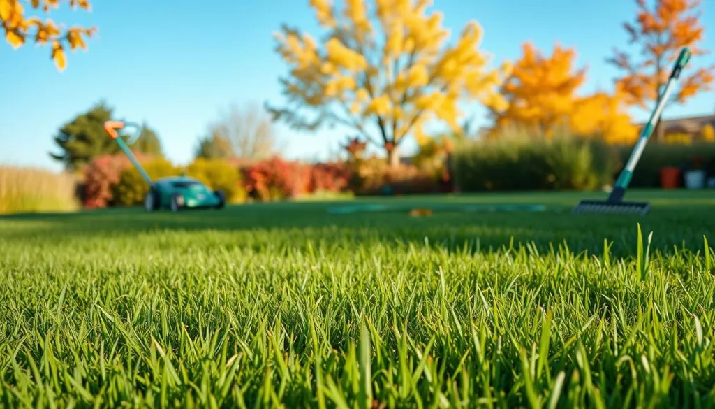 A lush, well-manicured lawn in the midst of seasonal transitions. In the foreground, a freshly mowed expanse of vibrant green grass, its blades gently swaying in a soft breeze. The middle ground features a variety of seasonal lawn care tools - a lawn mower, a hose, and a rake - neatly arranged, ready for the gardener's use. In the background, a blend of autumn foliage and a clear, azure sky create a serene, picturesque backdrop. The lighting is soft and natural, casting long shadows and highlighting the textures of the grass and foliage. The overall scene conveys a sense of balance, organization, and the rhythmic cycle of lawn care throughout the changing seasons.