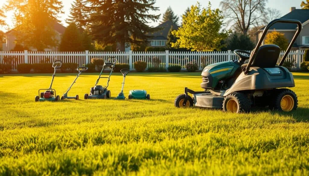 A lush, well-manicured lawn with a riding lawn mower in the foreground, expertly navigating across the grass. The mower's blades glint in the warm afternoon sunlight, leaving behind a neatly striped pattern. In the middle ground, a selection of lawn care tools, including a push mower, edger, and trimmer, are arranged neatly, suggesting a variety of strategies for efficient mowing. The background features a picturesque suburban setting, with tall trees and a well-maintained fence, creating a sense of tranquility and order. The overall scene conveys a harmonious and organized approach to lawn maintenance, inspiring the viewer to optimize their own mowing time and techniques.