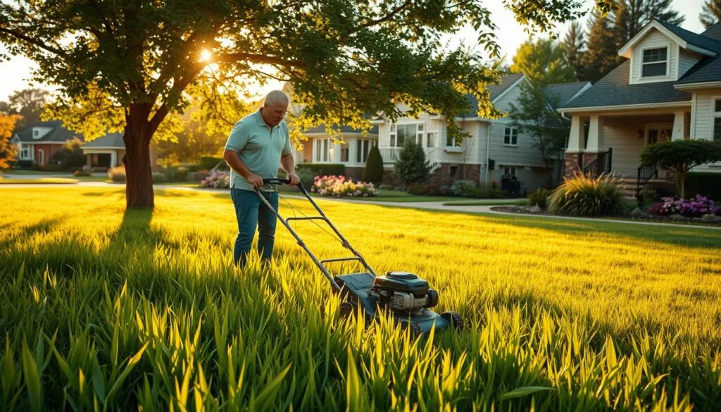 A man standing in a lush, well-manicured lawn, his electric lawn mower humming as he carefully navigates between the vibrant green blades. The sun's golden rays filter through the trees, casting a warm glow over the scene. His face is focused, brow furrowed in concentration, as he expertly guides the mower, leaving behind a trail of neatly trimmed grass. The air is filled with the fresh, earthy scent of the lawn, and the gentle breeze rustles the leaves overhead. In the background, a picturesque suburban neighborhood, with well-kept gardens and a sense of tranquility. The man's posture is relaxed, yet purposeful, as he takes pride in the task at hand, savoring the satisfaction of maintaining his personal outdoor oasis.