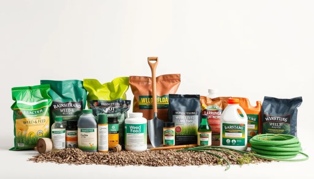 A meticulously arranged display of various types of weed and feed products, showcased against a clean, minimalist background. The foreground features an assortment of bags, bottles, and containers, each labeled with their respective contents and instructions. The middle ground includes a selection of gardening tools, such as a hand trowel and a garden hose, hinting at the practical application of these products. The background is bathed in a soft, diffused lighting, creating a sense of depth and emphasizing the crisp, detailed textures of the materials. The overall composition conveys a sense of organization, professionalism, and the importance of understanding the different weed and feed options available for lawn care.