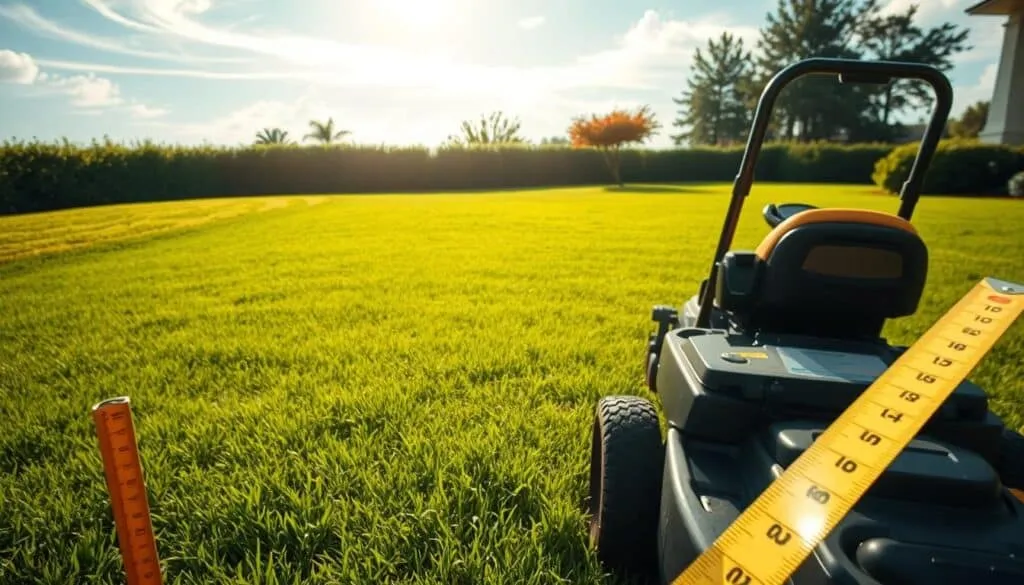 A meticulously manicured lawn unfolds, its verdant expanse stretching out before a thoughtful homeowner. In the foreground, a measuring tape is poised, ready to assess the dimensions of the grassy domain. The midground reveals a riding lawn mower, its sleek form hinting at the power and efficiency it will bring to the task at hand. Sunlight filters through wispy clouds, casting a warm, natural glow over the scene, as the homeowner contemplates the optimal cutting width to ensure a seamless, well-groomed appearance. The background showcases the lush, undulating contours of the lawn, inviting the viewer to imagine the satisfying rhythm of the mower's blades as they carve through the grass. A meticulously manicured lawn unfolds, its verdant expanse stretching out before a thoughtful homeowner. In the foreground, a measuring tape is poised, ready to assess the dimensions of the grassy domain. The midground reveals a riding lawn mower, its sleek form hinting at the power and efficiency it will bring to the task at hand. Sunlight filters through wispy clouds, casting a warm, natural glow over the scene, as the homeowner contemplates the optimal cutting width to ensure a seamless, well-groomed appearance. The background showcases the lush, undulating contours of the lawn, inviting the viewer to imagine the satisfying rhythm of the mower's blades as they carve through the grass.