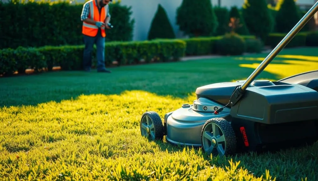A professional, well-manicured lawn with a vibrant green hue, illuminated by warm, golden sunlight casting soft shadows. In the foreground, a sturdy, modern lawn mower with a polished metal finish stands at the ready, its blades freshly sharpened. In the middle ground, a person in a safety-orange vest and gloves carefully inspects the mower, highlighting the importance of proper maintenance. The background features a neatly trimmed hedge and a few lush trees, conveying a sense of order and attention to detail. The overall scene exudes a sense of expertise, safety, and the pride of a well-cared-for outdoor space.