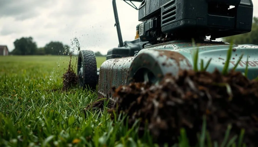 A rain-soaked lawn, the grass slick and heavy, as a lawn mower struggles to traverse the muddy terrain. In the foreground, the mower's wheels spin, spraying droplets of water and mud. The engine strains, its motor growling with the effort. In the middle ground, the mower's deck appears sluggish, bogged down by the damp conditions. The grass, matted and flattened, resists the spinning blades. In the background, a gloomy sky hangs low, casting a somber tone over the scene. The lighting is muted, with soft shadows and diffused highlights, conveying the dampness and lack of direct sunlight. The camera angle is low, emphasizing the mower's battle against the wet grass and soil.