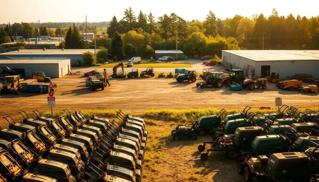 A sprawling recycling center for lawn mowers, bathed in warm afternoon light. In the foreground, an orderly row of old, weathered mowers awaits their final journey. The middle ground reveals an expansive yard dotted with various disposal bins and signage guiding visitors. In the background, a cluster of industrial buildings and towering trees set the scene. The overall atmosphere is one of quiet efficiency, a hub dedicated to responsibly repurposing and recycling these once-vital gardening tools. Captured with a wide-angle lens, the image conveys a sense of scale and importance to this often-overlooked aspect of lawn mower ownership. A sprawling recycling center for lawn mowers, bathed in warm afternoon light. In the foreground, an orderly row of old, weathered mowers awaits their final journey. The middle ground reveals an expansive yard dotted with various disposal bins and signage guiding visitors. In the background, a cluster of industrial buildings and towering trees set the scene. The overall atmosphere is one of quiet efficiency, a hub dedicated to responsibly repurposing and recycling these once-vital gardening tools. Captured with a wide-angle lens, the image conveys a sense of scale and importance to this often-overlooked aspect of lawn mower ownership.