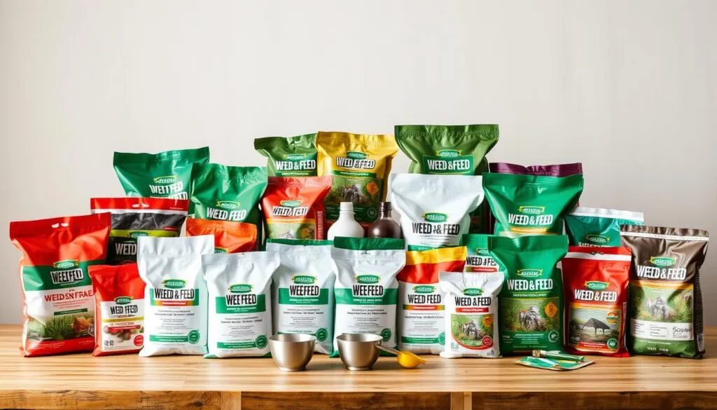 A well-lit display of various weed and feed products, laid out on a wooden table against a neutral backdrop. The foreground features an assortment of bags, bottles, and boxes showcasing different formulas, each with clear labeling and branding. The middle ground includes a selection of measuring cups, spreaders, and other application tools. The background has a subtle, blurred gradient, allowing the products to take center stage. The overall composition has a clean, organized, and informative feel, inviting the viewer to closely examine the available weed and feed options.