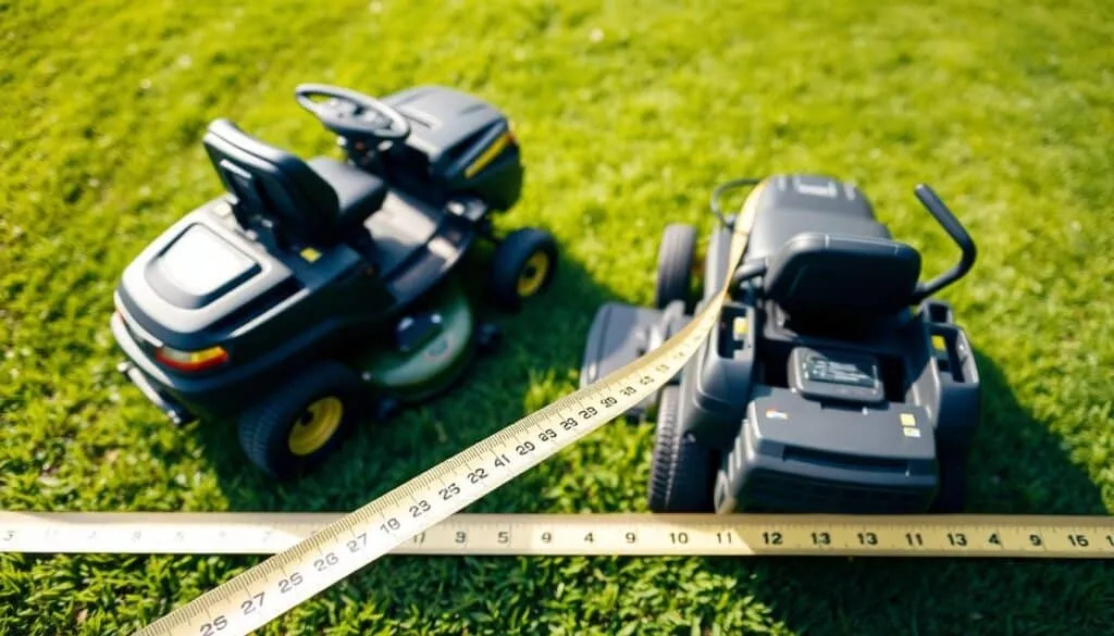A well-lit, high-angle view of a lush, verdant lawn with two riding lawn mowers parked side by side. The mowers feature prominent decks and cutting widths, with one mower slightly larger than the other. In the foreground, a measuring tape stretched out, highlighting the differences in deck size and cutting width. The background is softly blurred, emphasizing the focus on the technical details of the mowers. The scene conveys a sense of comparison and evaluation, suitable for illustrating factors to consider when choosing the right lawn mower size for a 1-acre property.