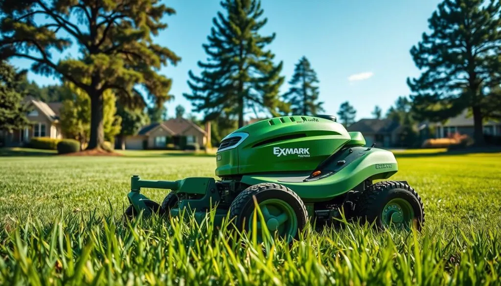 A well-lit, high-definition outdoor scene capturing an Exmark commercial lawn mower in action. The mower is situated in the middle ground, its sleek, vibrant green body and sturdy wheels prominently displayed. The foreground features lush, neatly trimmed grass, while the background showcases a picturesque suburban landscape, with towering trees and a clear blue sky. The mower is operating at an optimal performance level, effortlessly cutting through the grass with precision and power, conveying a sense of reliable, high-quality workmanship. The overall atmosphere is one of efficiency, durability, and pride in one's lawn care. A well-lit, high-definition outdoor scene capturing an Exmark commercial lawn mower in action. The mower is situated in the middle ground, its sleek, vibrant green body and sturdy wheels prominently displayed. The foreground features lush, neatly trimmed grass, while the background showcases a picturesque suburban landscape, with towering trees and a clear blue sky. The mower is operating at an optimal performance level, effortlessly cutting through the grass with precision and power, conveying a sense of reliable, high-quality workmanship. The overall atmosphere is one of efficiency, durability, and pride in one's lawn care.