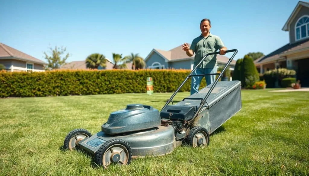 A well-lit, realistic scene of a person standing next to a clean, well-maintained lawn mower on a neatly mowed lawn. The mower appears in the foreground, its metal chassis gleaming and blades freshly sharpened. The person, in casual attire, is gesturing towards the mower, conveying a sense of pride and readiness to sell or donate the still-functional machine. In the middle ground, a small sign or flyer advertises the availability of the mower, while the background features a tidy suburban neighborhood with trimmed hedges and a clear, blue sky overhead, creating an inviting atmosphere. A well-lit, realistic scene of a person standing next to a clean, well-maintained lawn mower on a neatly mowed lawn. The mower appears in the foreground, its metal chassis gleaming and blades freshly sharpened. The person, in casual attire, is gesturing towards the mower, conveying a sense of pride and readiness to sell or donate the still-functional machine. In the middle ground, a small sign or flyer advertises the availability of the mower, while the background features a tidy suburban neighborhood with trimmed hedges and a clear, blue sky overhead, creating an inviting atmosphere.