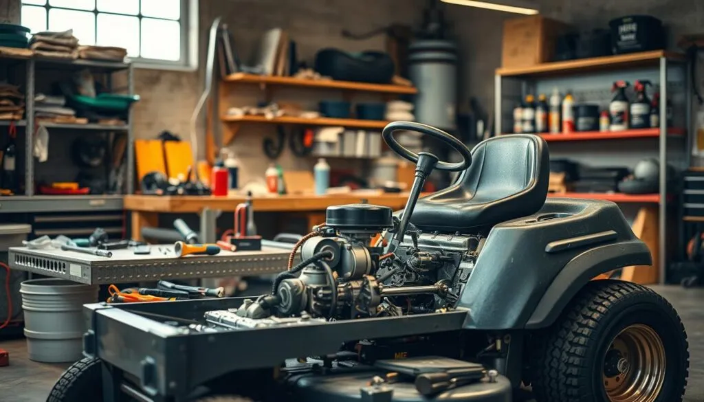 A well-lit workshop interior, with a riding lawn mower positioned prominently in the foreground. The mower is disassembled, revealing its inner components - the engine, transmission, and other mechanical parts. In the middle ground, a collection of maintenance tools, including a wrench, screwdriver, and oil can, are neatly arranged on a workbench. The background showcases shelves stocked with spare parts, lubricants, and other mower-related accessories, creating a sense of a well-equipped, professional workshop. The lighting is a combination of natural daylight filtering in through windows and warm, focused task lighting, highlighting the intricate details of the mower's anatomy. The overall mood is one of thoughtful analysis and investigation, reflecting the importance of understanding the factors that influence a riding mower's lifespan.